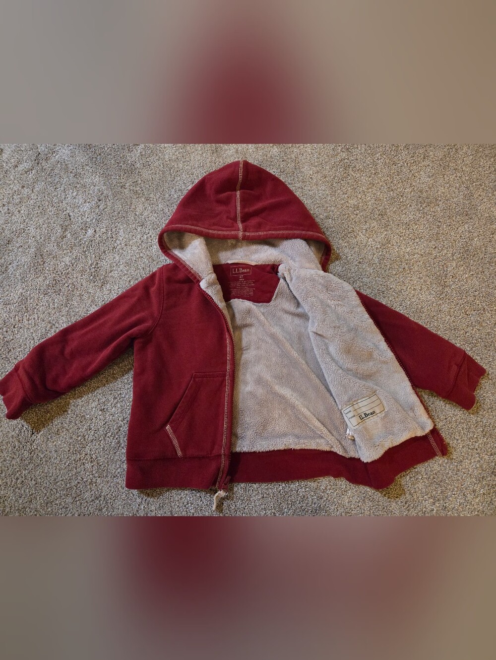 L.L. Bean Kids Burgundy Zip-Up Hoodie with Cream Sherpa Lining